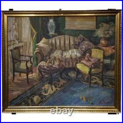 Vintage Swiss Oil Painting On Canvas Interior scene signed A. JACOBI