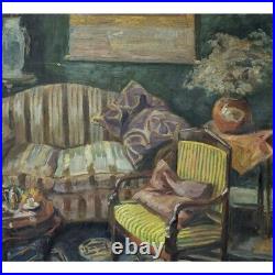 Vintage Swiss Oil Painting On Canvas Interior scene signed A. JACOBI