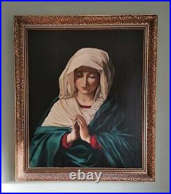 Virgin Mary in Prayer Madonna Portrait Large 20thC Signed Antique Oil Painting