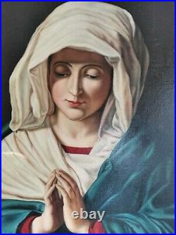 Virgin Mary in Prayer Madonna Portrait Large 20thC Signed Antique Oil Painting