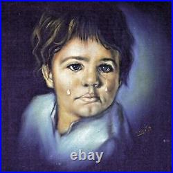 Vtg Black Velvet Signed Wooden Framed Painting 29 x 39 Mexico Little Boy Crying