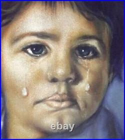 Vtg Black Velvet Signed Wooden Framed Painting 29 x 39 Mexico Little Boy Crying