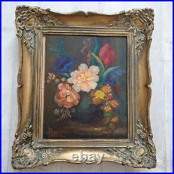 Vtg Floral Oil Painting Ornate Gilded Frame Signed Germany Large 14 X 16 Inch