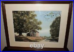 Vtg. Large Watercolor Painting Tobacco Barn Signed Quality Walnut Frame 38 x 31