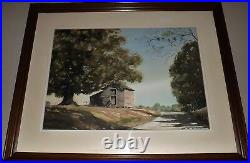 Vtg. Large Watercolor Painting Tobacco Barn Signed Quality Walnut Frame 38 x 31