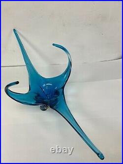 Vtg Unsigned Chalet Extra Large 4 Point Blue Art Glass Centerpiece 30 inches