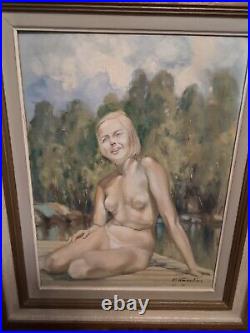 Wagelius Signed Antique Nude Lady Portrait Artist Oil Board Painting Frame Vtg