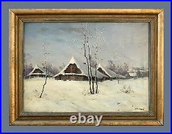 Winter Village Landscape At Dusk Original Large Antique Oil Painting, Signed