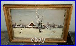Winter Village Landscape At Dusk Original Large Antique Oil Painting, Signed