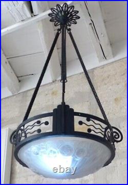 XL Large Antique French ART DECO Ceiling Suspension Chandelier 1930 Signed DEGUE