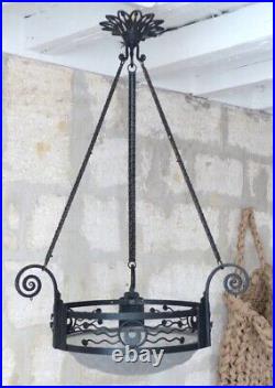 XL Large Antique French ART DECO Ceiling Suspension Chandelier 1930 Signed DEGUE