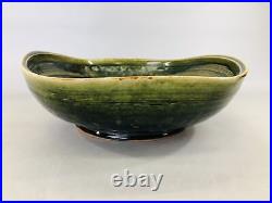 Y6505 CHAWAN Oribe-ware large bowl line pattern signed box Japan antique pottery