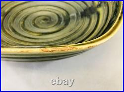 Y6505 CHAWAN Oribe-ware large bowl line pattern signed box Japan antique pottery